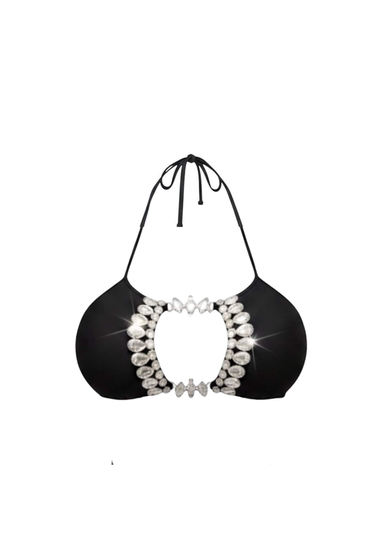 SlaySwimwear Black Beauty embellished cutout bikini top with rhinestone details and halter neck.