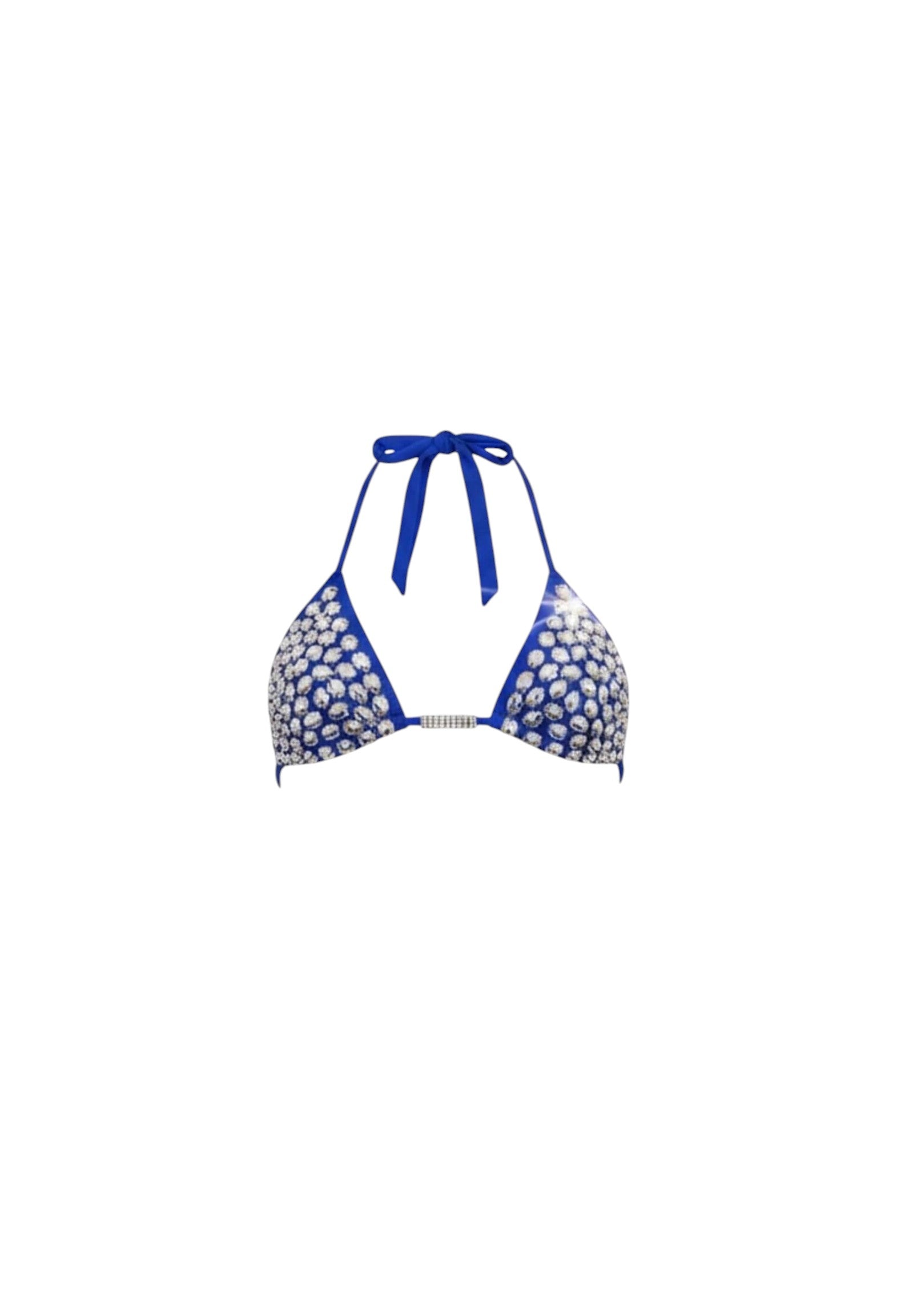 SlaySwimwear blue high-waist bikini set with rhinestone embellishments and halter neck top.