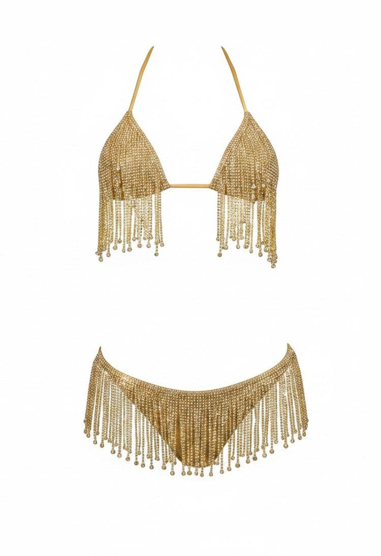 SlaySwimwear gold metallic chain fringe bikini set with triangle cups and cheeky bottoms.