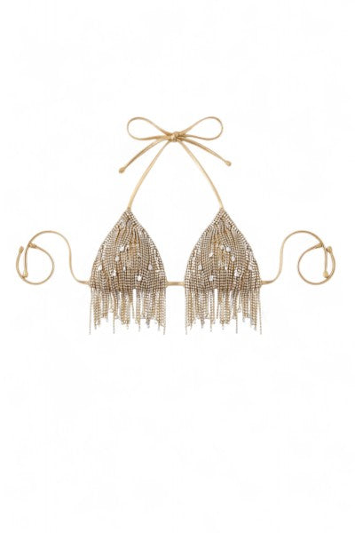 SlaySwimwear metallic gold bikini set with crystal fringe halter top and tie-side bottoms. Made of 80% nylon, 20% spandex.