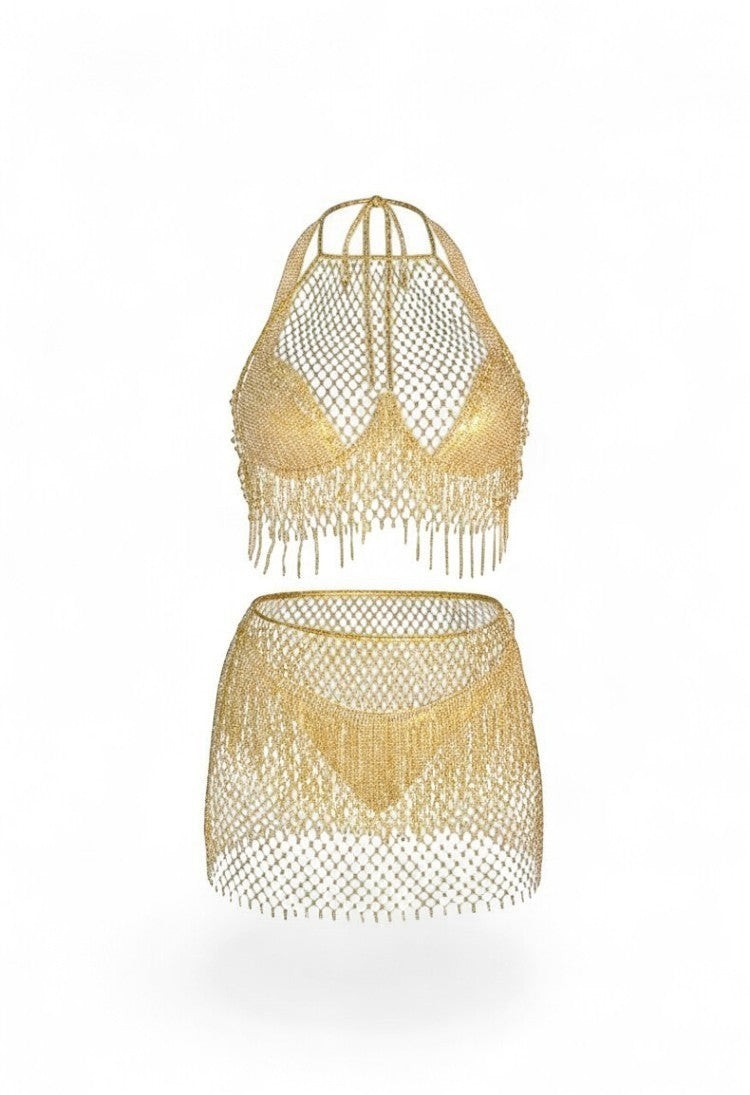 SlaySwimwear gold rhinestone fishnet skirt with fringe detail. One size fits S-L.