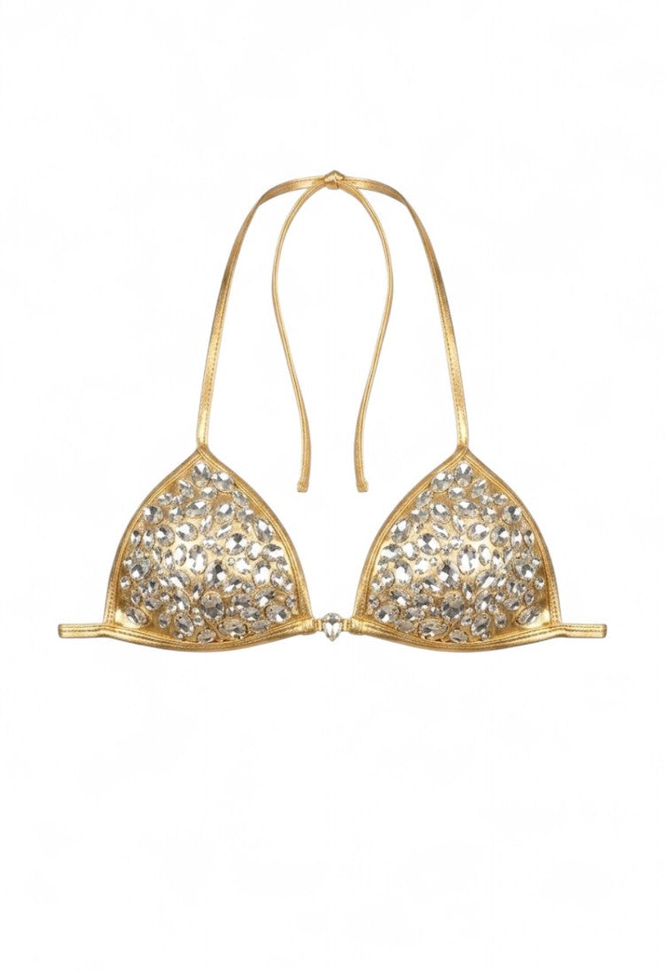 SlaySwimwear Honey Gold bikini top with shimmering metallic fabric and radiant rhinestone details. Halter neck with adjustable ties.