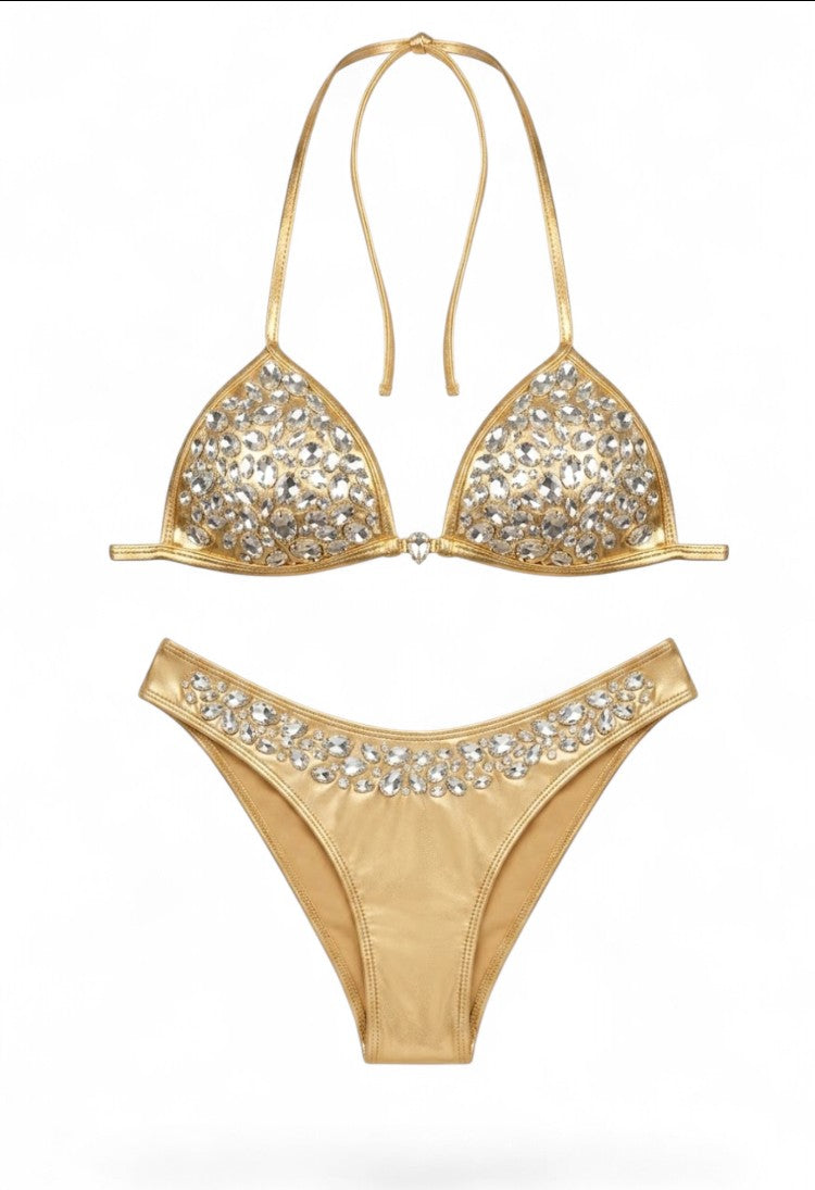 SlaySwimwear Honey Gold bikini top with shimmering metallic fabric and radiant rhinestone details. Halter neck with adjustable ties.