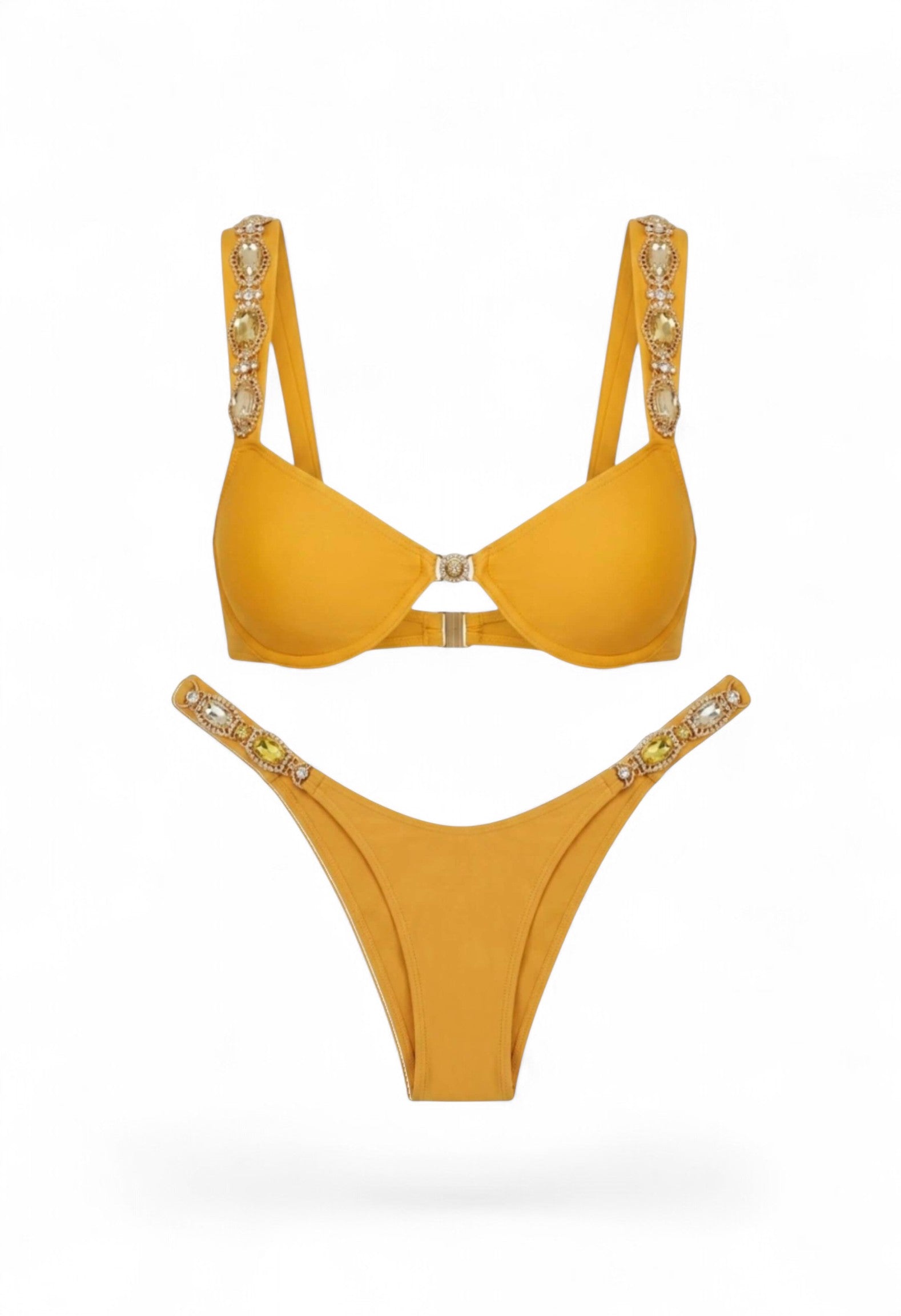 SlaySwimwear marigold yellow embellished bikini set with rhinestone and bead detailing on straps and hips.