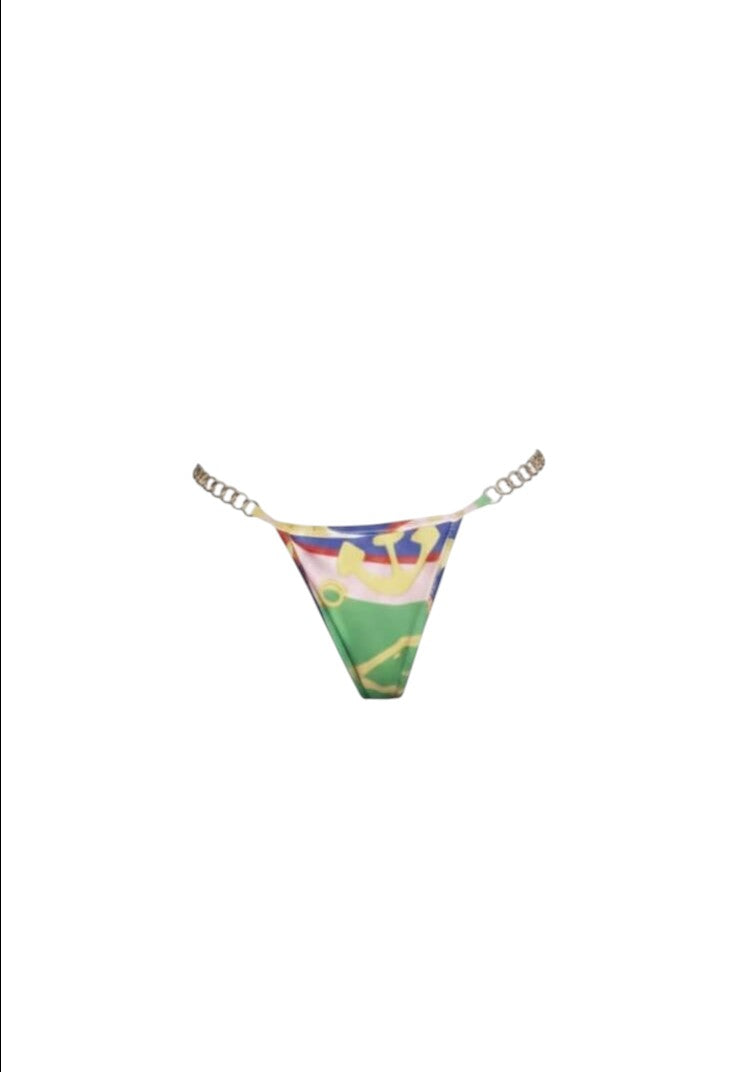 SlaySwimwear Aye Aye Captain three-piece bikini with gold chains and nautical print. Includes halter top, high-leg bottom, and matching headscarf.