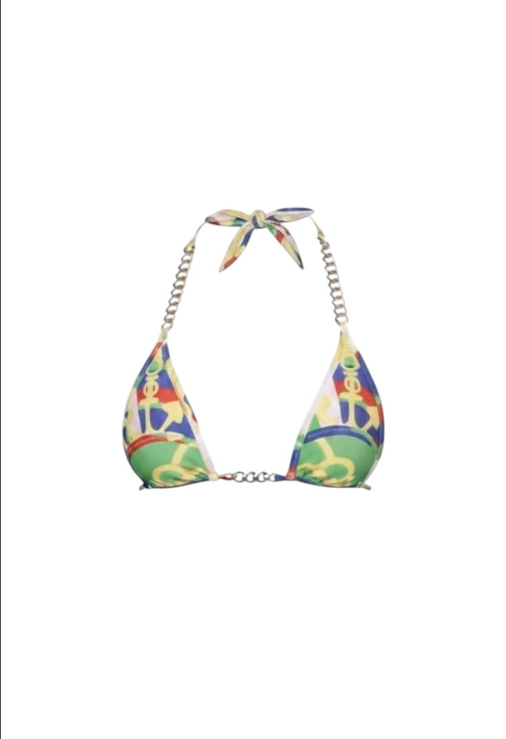 SlaySwimwear Aye Aye Captain three-piece bikini with gold chain accents and a nautical print. Includes halter top, high-leg bottom, and matching headscarf.