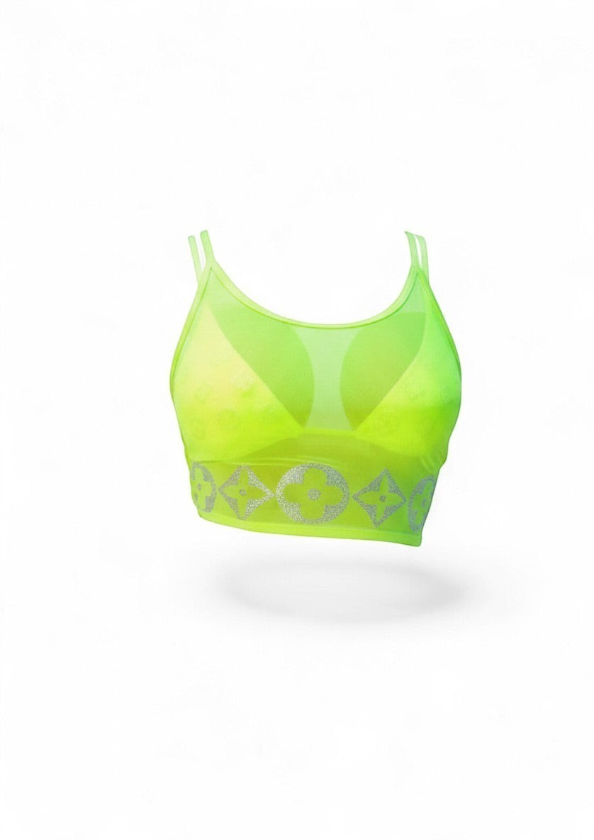 SlaySwimwear neon green sheer polyester crop top with crystal detailing and floral pattern band.