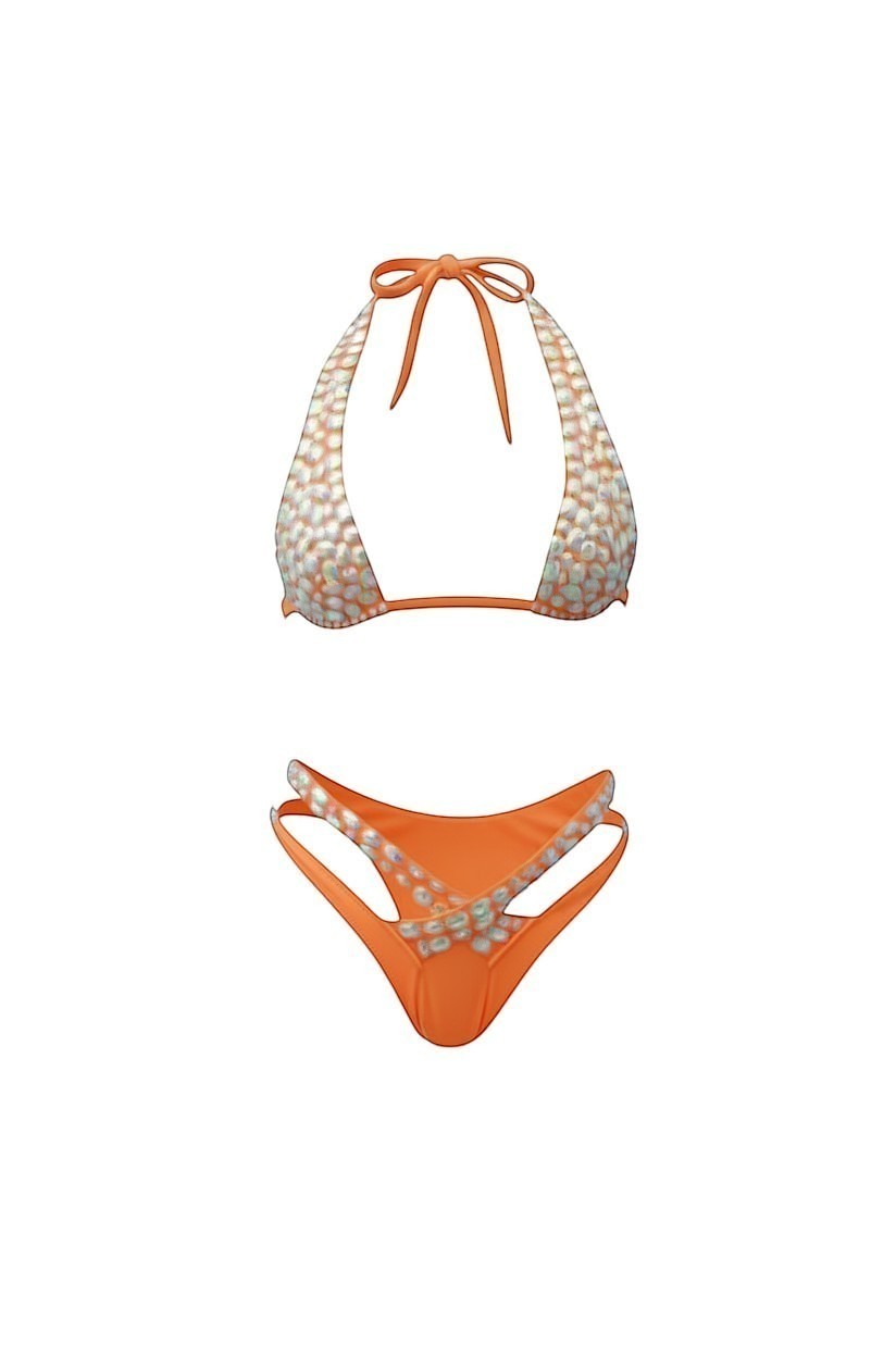 SlaySwimwear orange halter bikini set with sparkling embellishments and criss-cross detailing on bottoms.