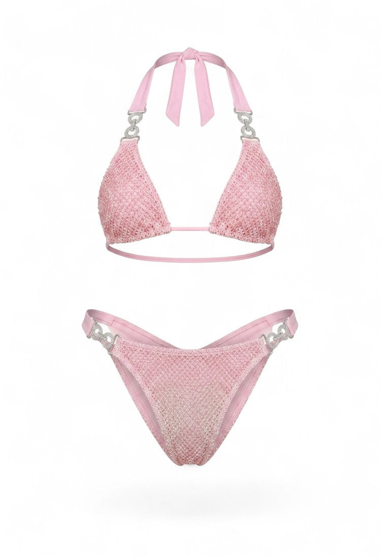 SlaySwimwear pink rhinestone mesh bikini bottoms with cheeky cut and crystal side connectors.