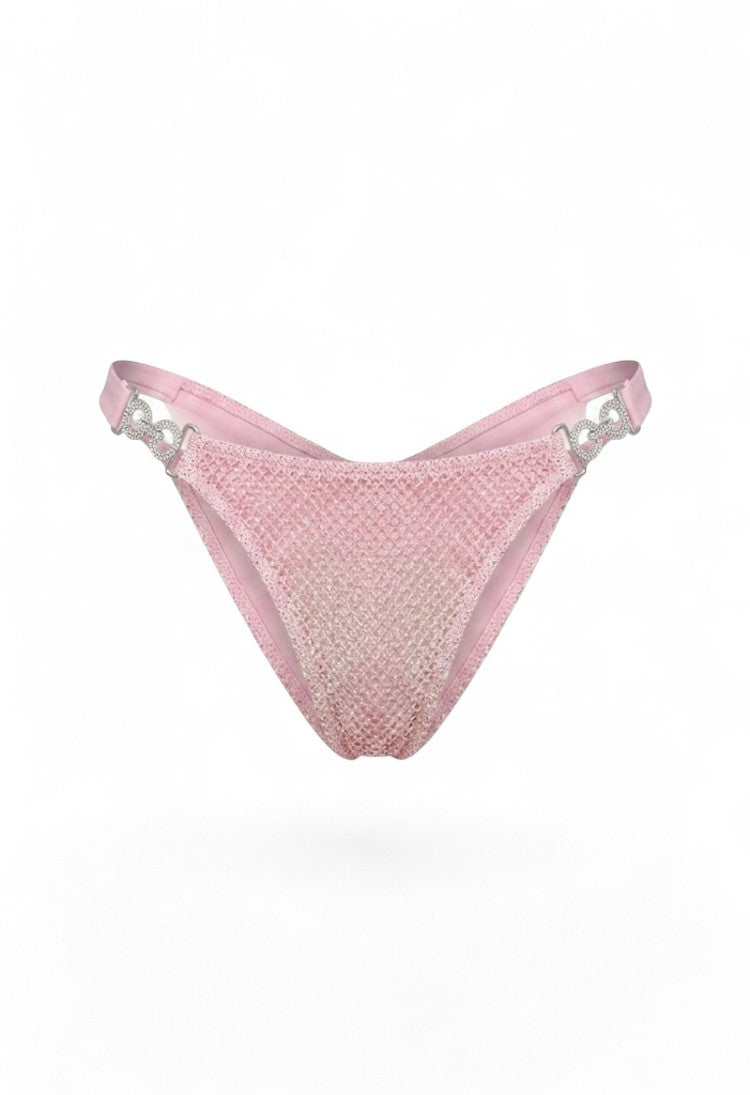 SlaySwimwear pink rhinestone mesh bikini bottoms with cheeky cut and crystal hardware side connectors.