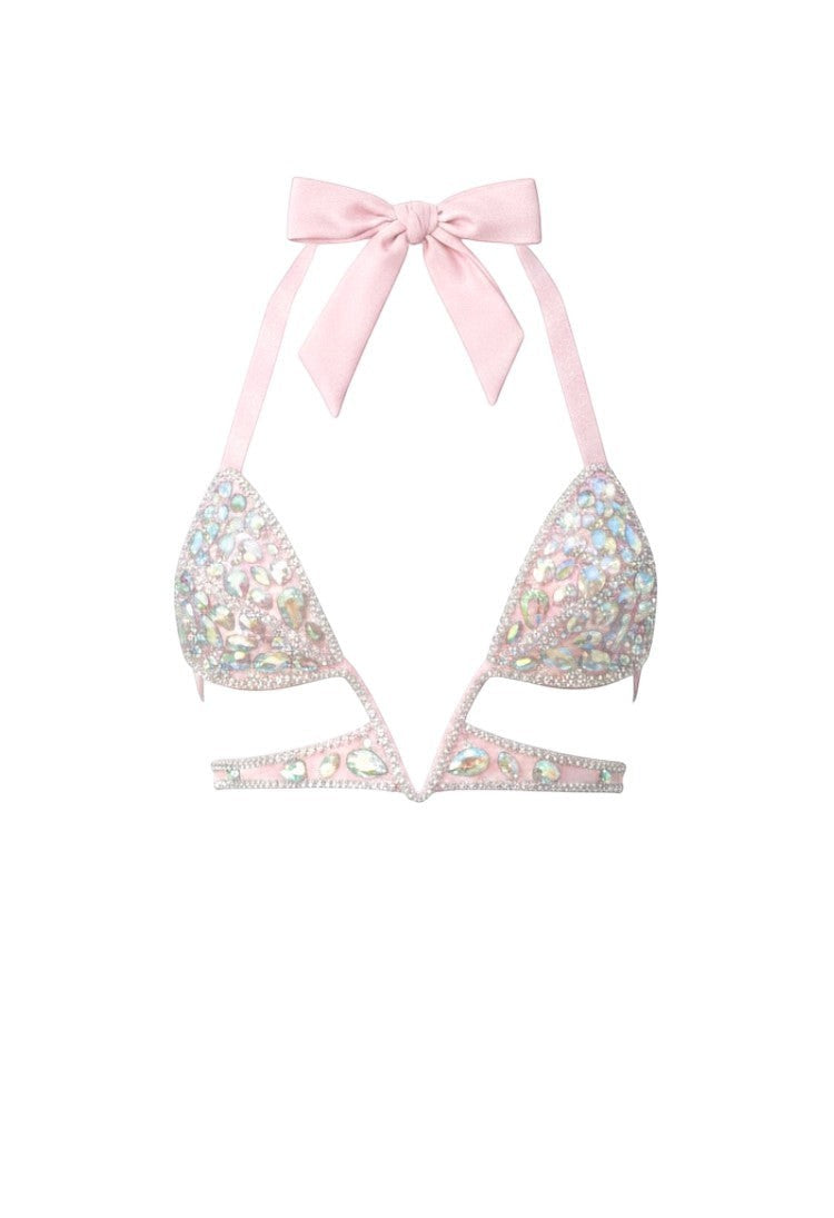 SlaySwimwear Barbie-pink bikini top with rhinestones and a pink bow tie-back. Push-up style, low-rise bottom.