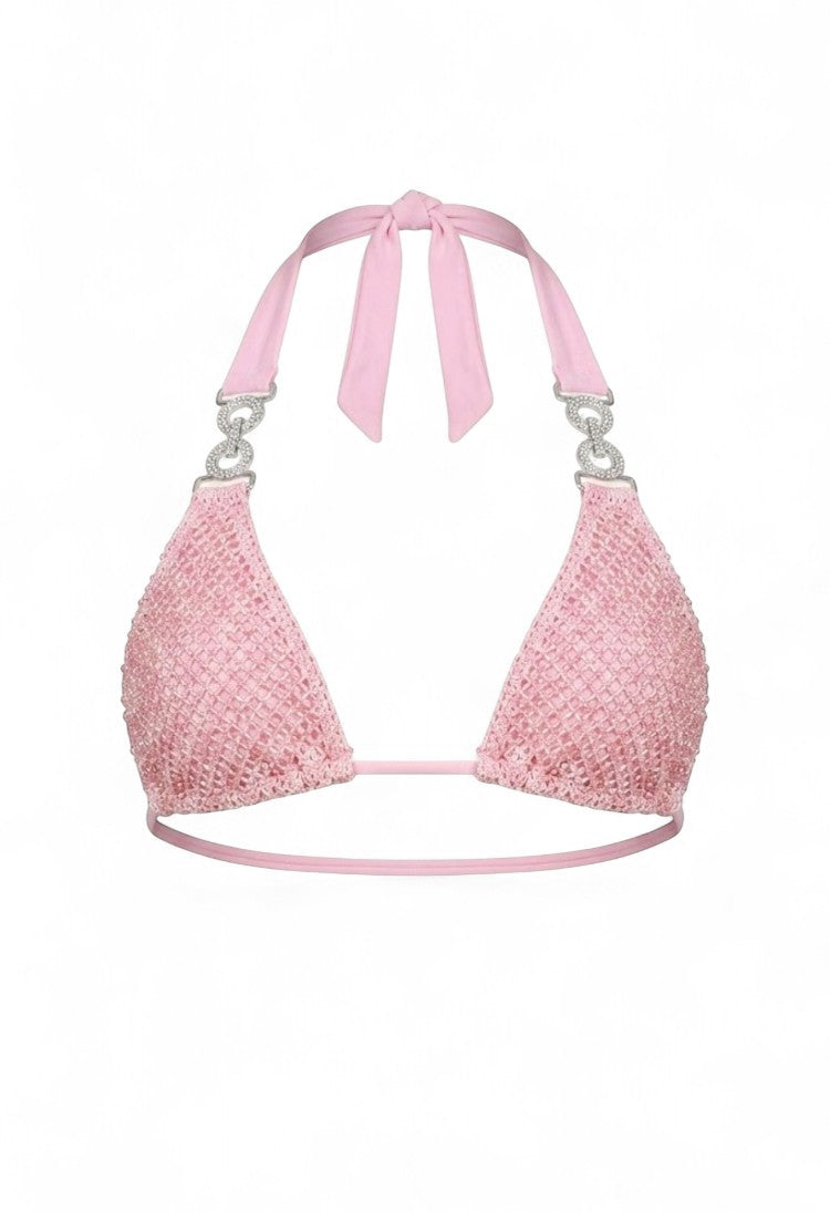 SlaySwimwear pink rhinestone mesh triangle bikini top with crystal hardware and tie straps.