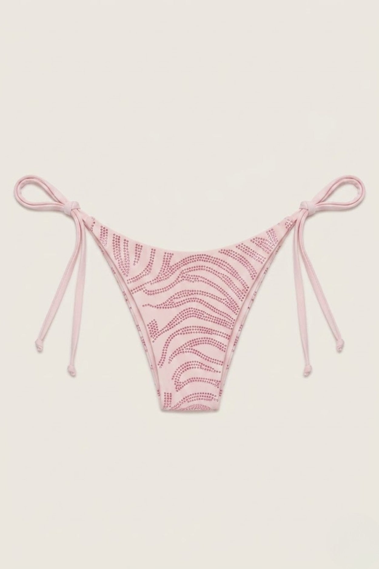 SlaySwimwear pink zebra print string bikini bottoms with shimmering accents and adjustable side ties.