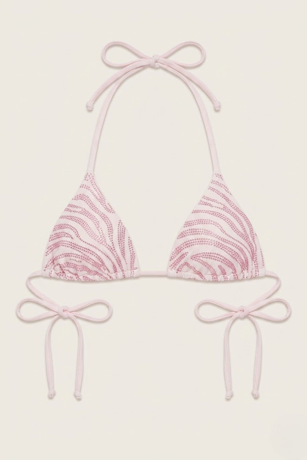 SlaySwimwear pink zebra print string bikini top with shimmering accents and adjustable ties.