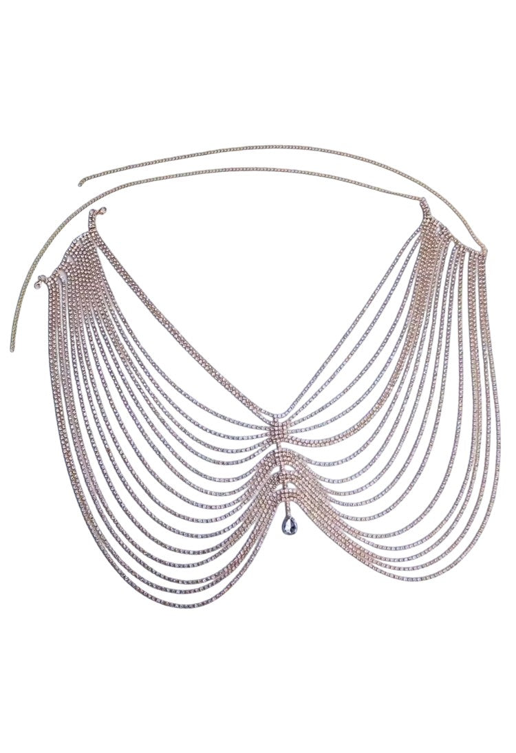 SlaySwimwear rhinestone body chain skirt with draped chains and a single teardrop gem accent. Silver metal and rhinestones.