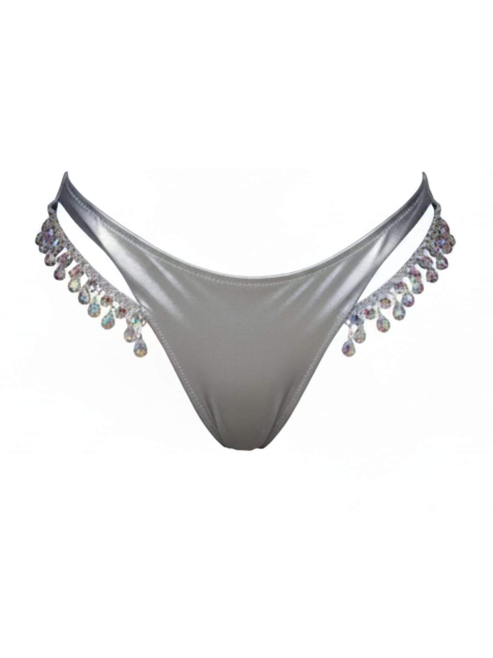 SlaySwimwear silver bikini bottoms with rhinestone crystal embellishments on the sides.