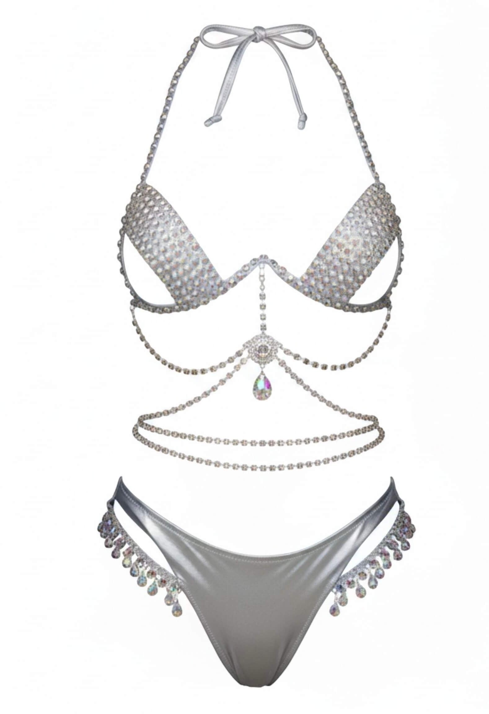 SlaySwimwear silver bikini set with rhinestone embellishments and crystal-style accents. Halter top and matching bottoms.