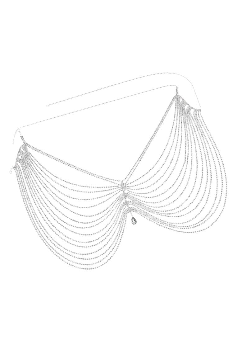 SlaySwimwear silver rhinestone body chain skirt with draped chains and a single teardrop gem accent.