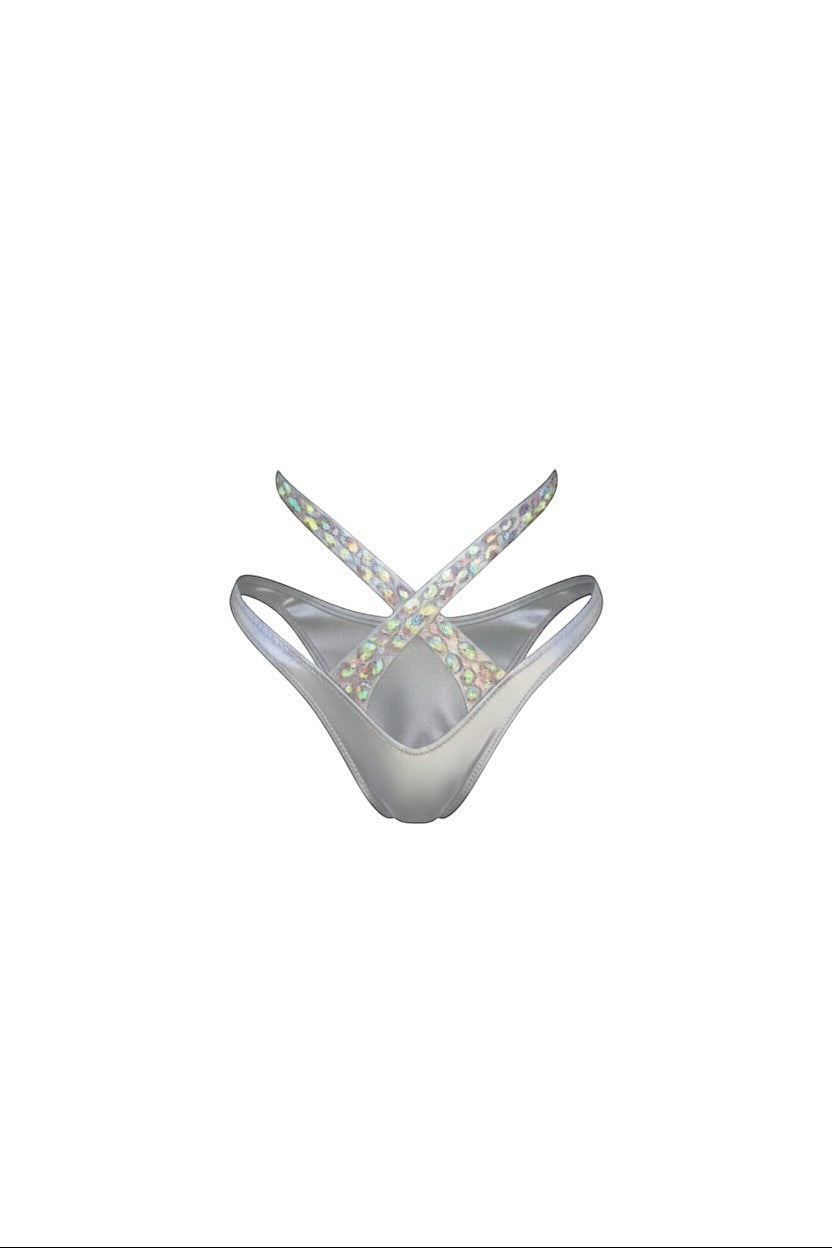 SlaySwimwear silver halter bikini set with sparkling criss-cross straps and cheeky bottom.