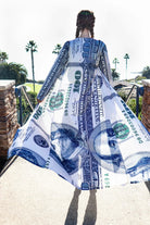SlaySwimwear Benjamin Franklin 100 dollar bill print long sleeve maxi dress with braided hair. Model is 5'7" and wears a small.