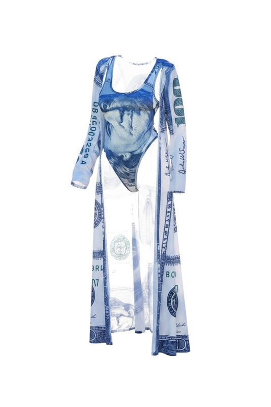 SlaySwimwear Benjamin Franklin 100 dollar bill print one-piece swimsuit and matching sheer duster cover-up, nylon and polyester blend.