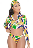 SlaySwimwear designer-inspired three-piece swimsuit for curvy women, featuring a long-sleeve zip-up crop top, bikini bottoms, and matching headscarf in a baroque print.