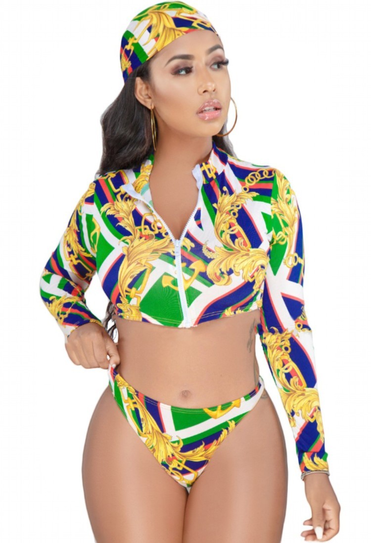 SlaySwimwear designer-inspired three-piece swimsuit for curvy women, featuring a long-sleeve zip-up crop top, bikini bottoms, and matching headscarf in a baroque print.