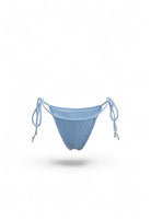 SlaySwimwear Beach Babe blue bikini with 3D shell-inspired fabric, adjustable ties, and gold charm accents.