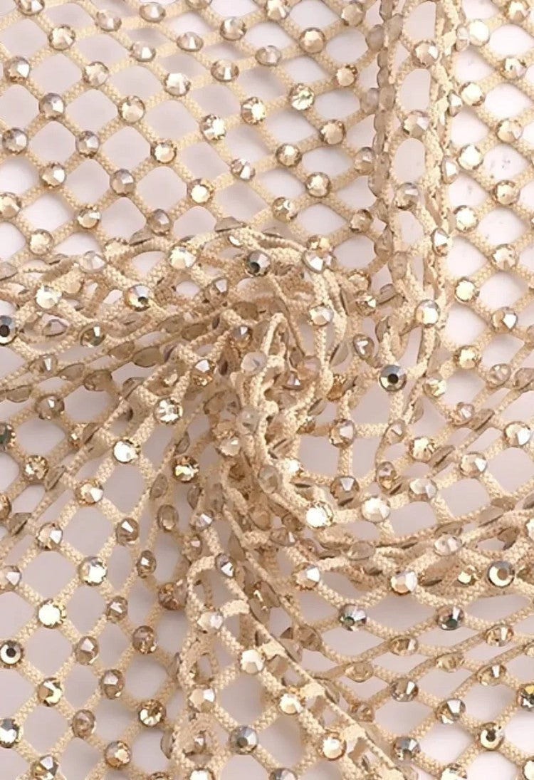 SlaySwimwear beige mesh wrap skirt with rhinestones, adjustable fit, perfect for beach or pool.