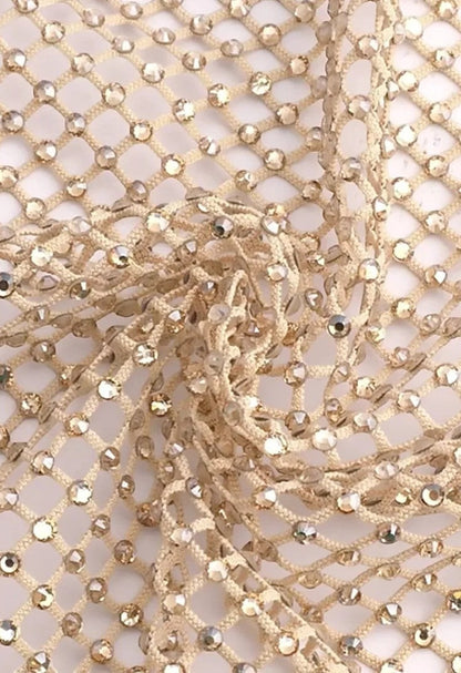 SlaySwimwear beige mesh wrap skirt with rhinestones, adjustable fit, perfect for beach or pool.