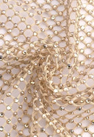 SlaySwimwear beige rhinestone mini skirt with clasp closure, featuring all-over sparkle and a lightweight feel.