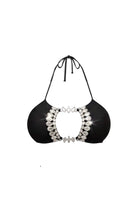 SlaySwimwear Black Beauty embellished cutout bikini top with rhinestone details and halter neck.