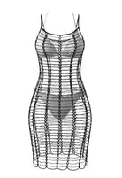 SlaySwimwear black crochet knit mini dress with spaghetti straps and a sheer, open-knit design.