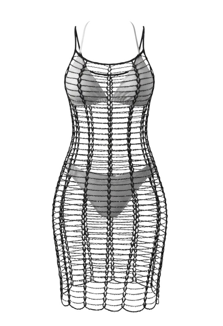 SlaySwimwear black crochet knit mini dress with spaghetti straps and a sheer, open-knit design.