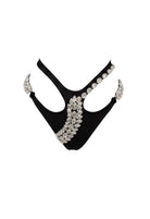 SlaySwimwear black embellished cutout bikini bottom with rhinestone details and high-cut leg.