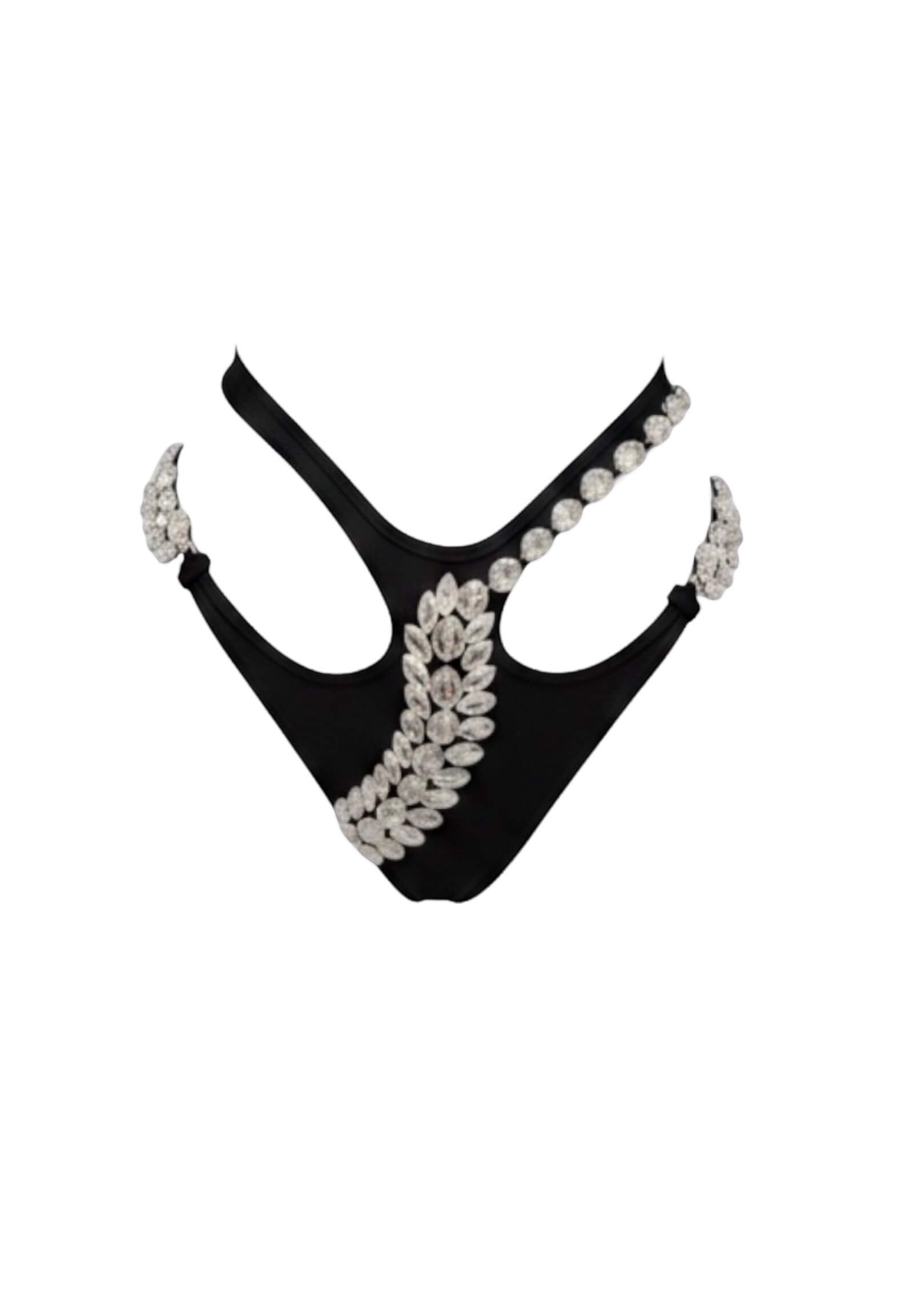 SlaySwimwear black embellished cutout bikini bottom with rhinestone details and high-cut leg.