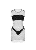 SlaySwimwear sheer black fishnet midi cover-up dress with allover rhinestones, crew neck, sleeveless, and high slits.