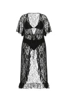 SlaySwimwear black lace kimono cover-up with flutter sleeves and tie closure, featuring a ruffled hem. Made of 100% polyester.