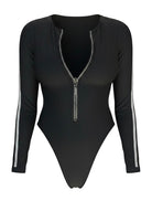 SlaySwimwear black long-sleeve one-piece swimsuit with zip front and rhinestone side stripes.