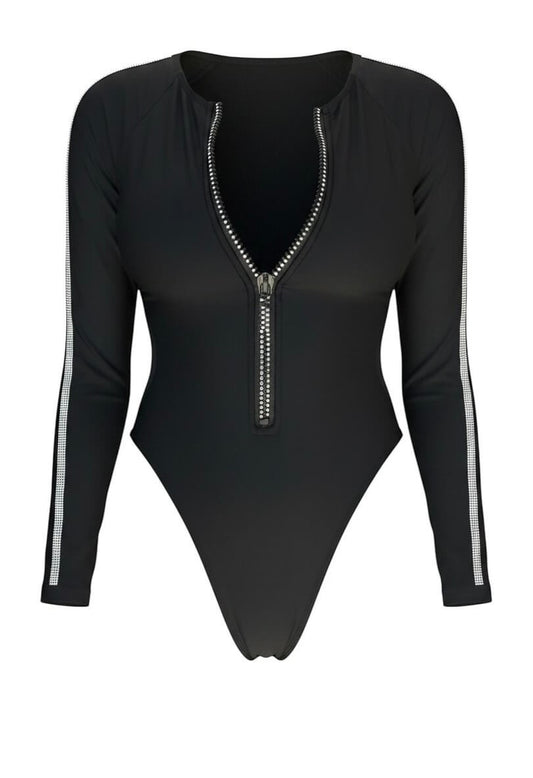 SlaySwimwear black long-sleeve one-piece swimsuit with zip front and rhinestone side stripes.