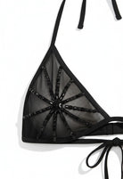 SlaySwimwear Sheer Shadows black mesh triangle bikini top with beaded sunburst detail and tie straps.