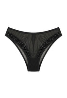 SlaySwimwear Sheer Shadows black mesh bikini bottoms with rhinestone accents and high waist.