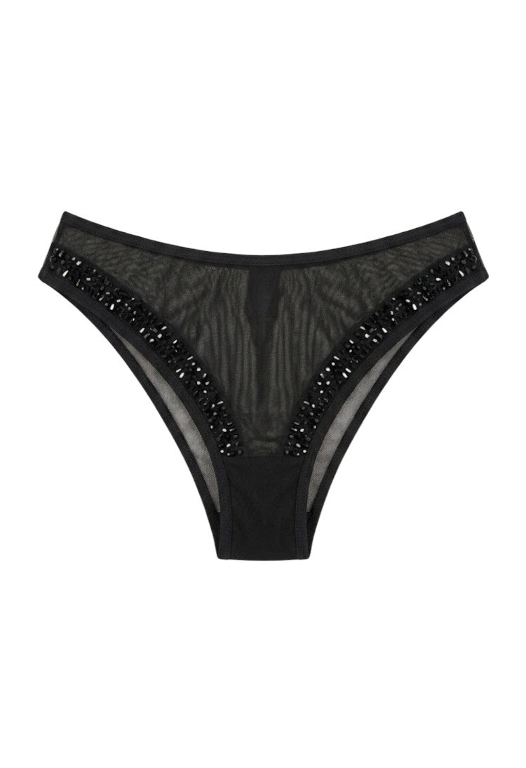 SlaySwimwear Sheer Shadows black mesh bikini bottoms with rhinestone accents and high waist.
