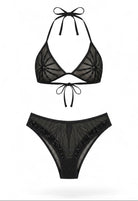 SlaySwimwear Sheer Shadows black mesh bikini bottoms with rhinestone accents and high waist.