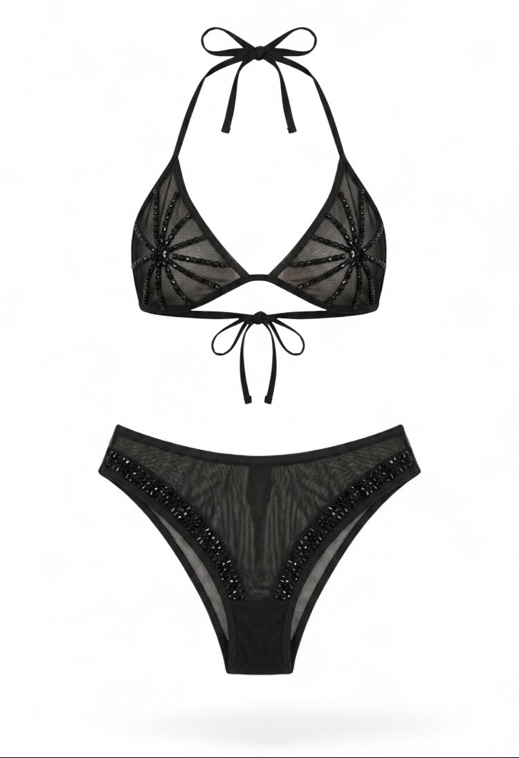 SlaySwimwear Sheer Shadows black mesh bikini bottoms with rhinestone accents and high waist.
