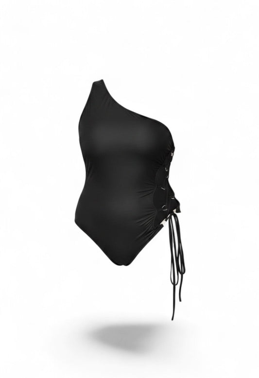 SlaySwimwear black one-shoulder lace-up swimsuit with side cutouts and adjustable ties.