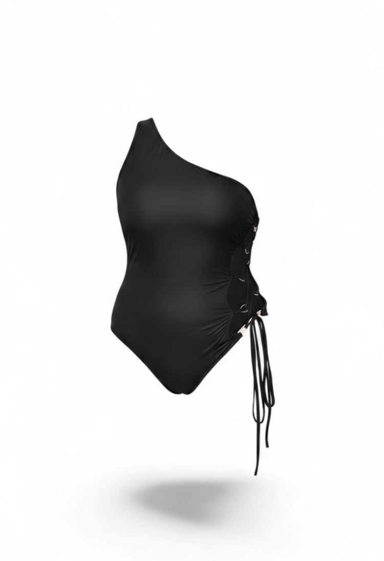 SlaySwimwear black one-shoulder lace-up swimsuit with side cutouts and adjustable ties.