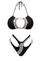 SlaySwimwear Black Beauty embellished cutout bikini set with rhinestone details and adjustable straps.