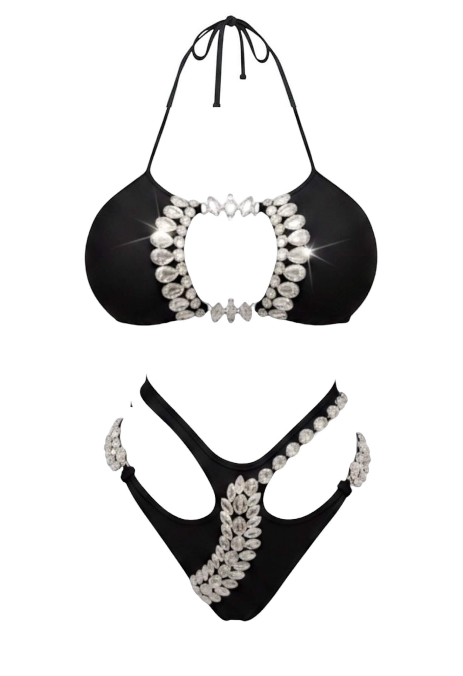 SlaySwimwear Black Beauty embellished cutout bikini set with rhinestone details and adjustable straps.