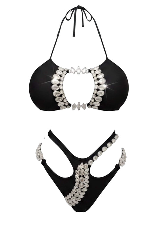 SlaySwimwear Black Beauty embellished cutout bikini set with rhinestone details and adjustable straps.